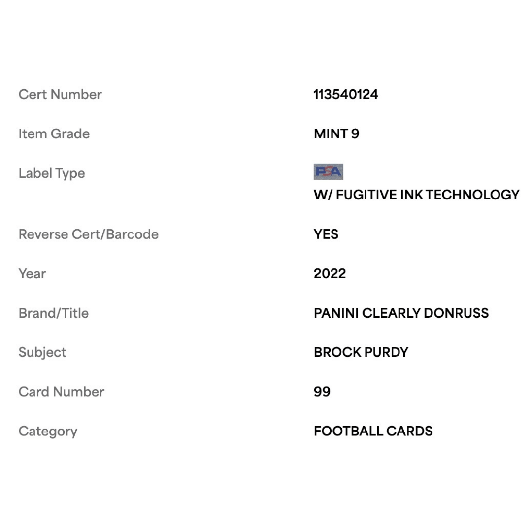 Brock Purdy PSA 9 2022 Panini Clearly Donruss Rated Rookie Card #99