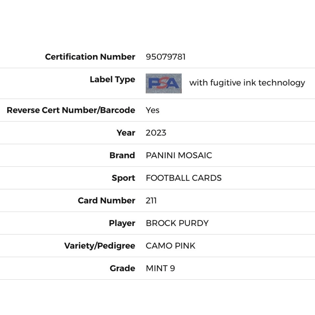 Brock Purdy PSA 9 2023 Panini Mosaic - Camo Pink Prizm Card #211