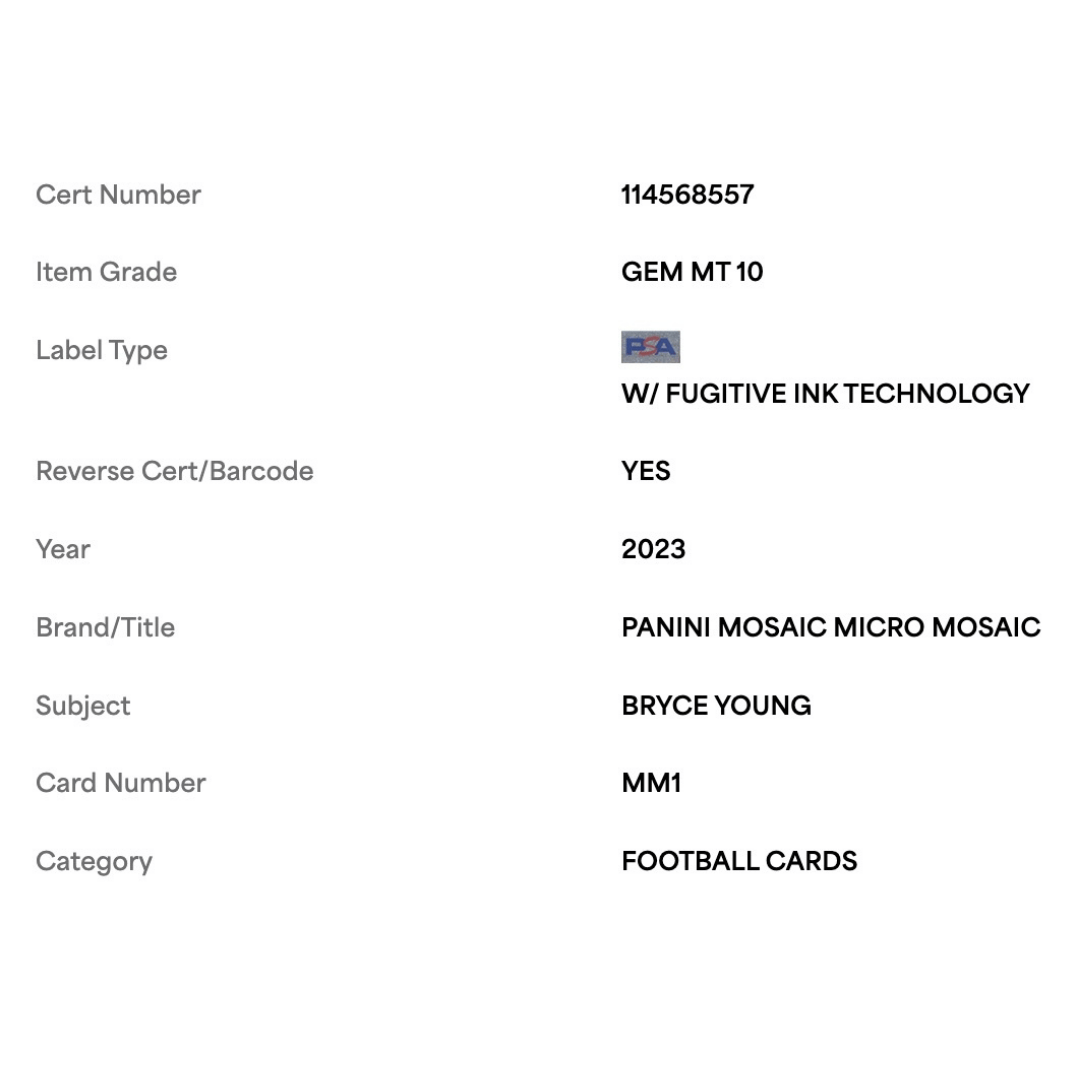 Bryce Young PSA 10 2023 Panini Mosaic Micro Mosaic Rookie RC Card #MM1