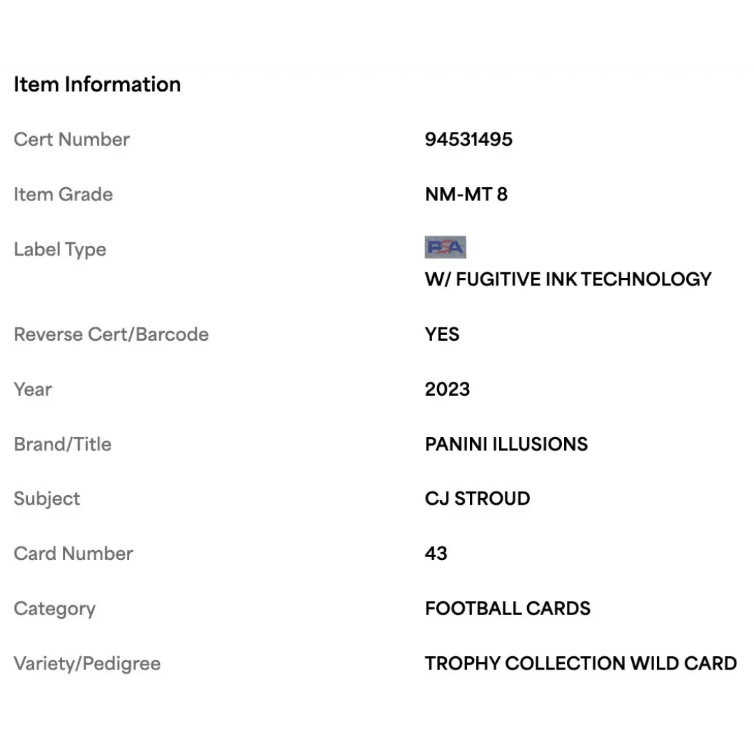 C.J. Stroud PSA 8 2023 Panini Illusions Trophy Collection Wild Card #43