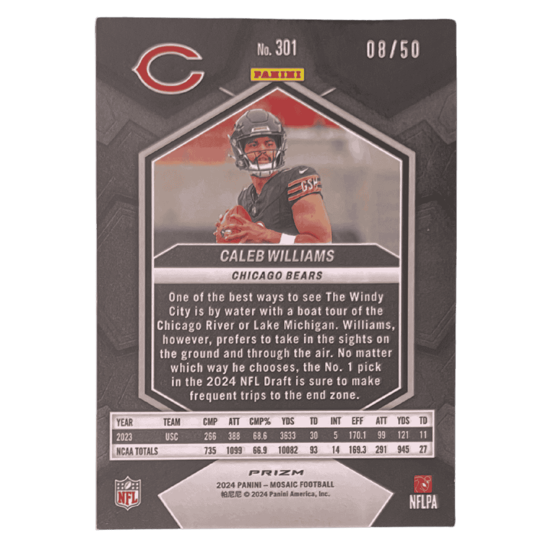 Caleb Williams 2024 Panini Mosaic Purple Prizm Disco Rookie RC #d /50 Card #301