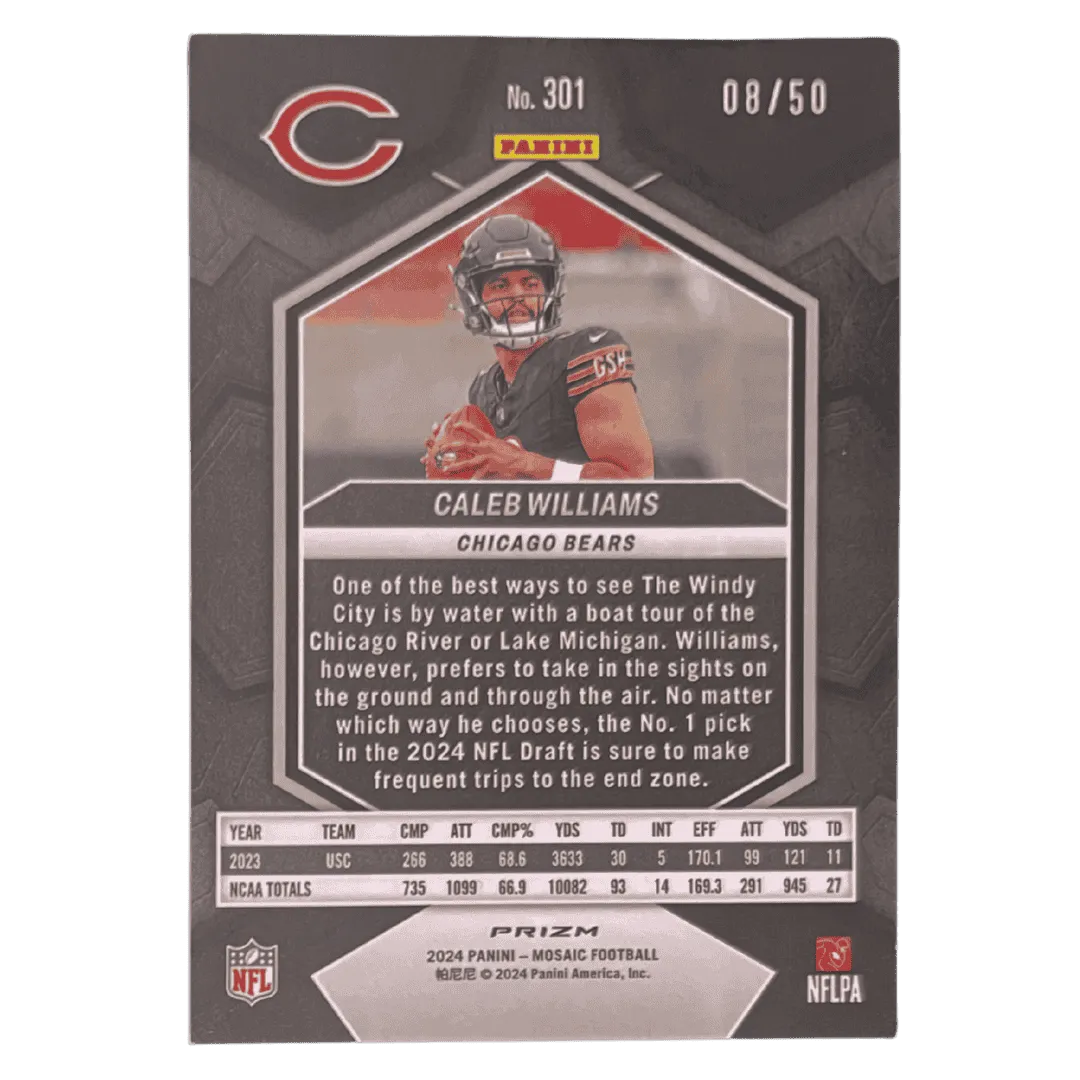 Caleb Williams 2024 Panini Mosaic Purple Prizm Disco Rookie RC #d /50 Card #301