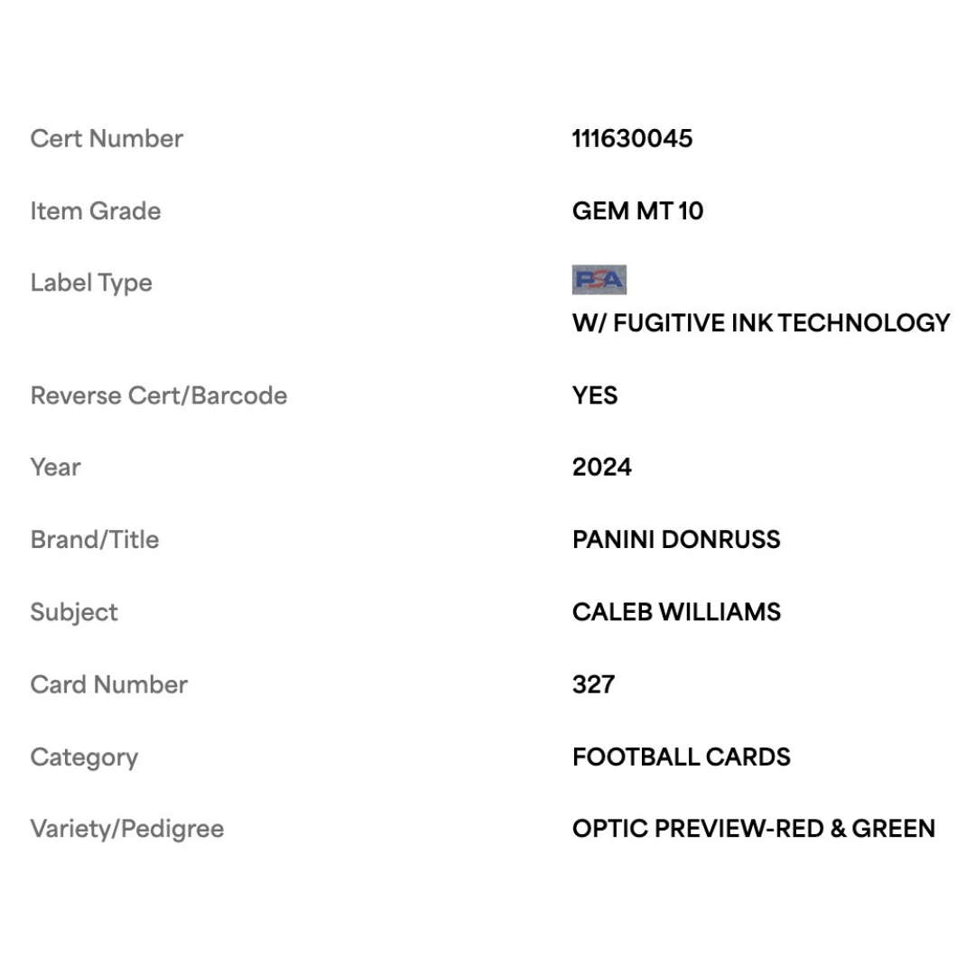 Caleb Williams PSA 10 2024 Panini Donruss Optic Preview Red & Green Rated Rookie Card #327
