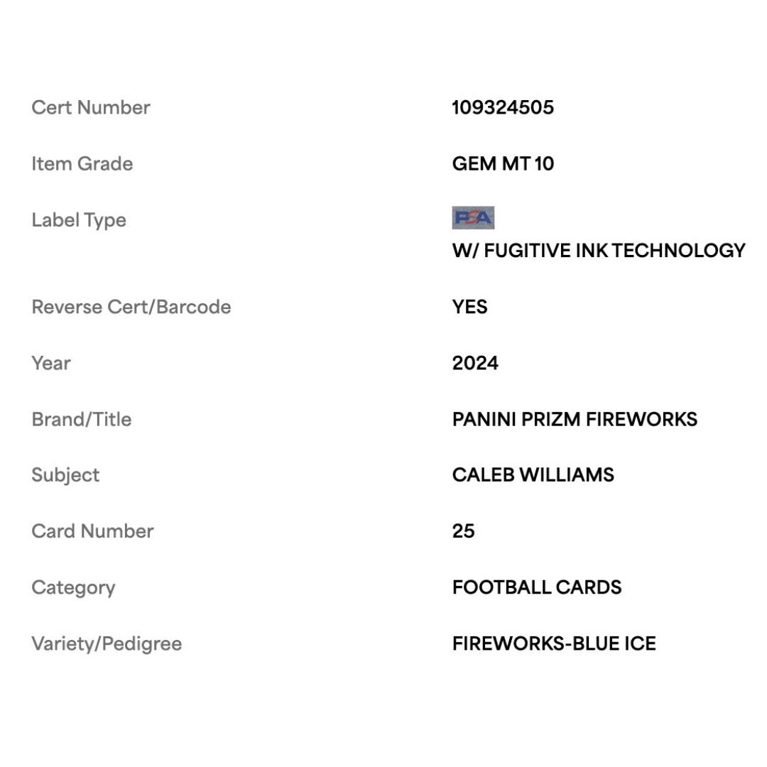 Caleb Williams PSA 10 2024 Panini Prizm Fireworks Blue Ice #d /99 Rookie RC Card #25