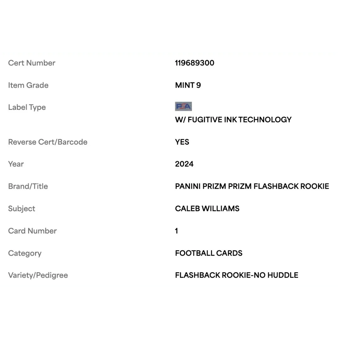 Caleb Williams PSA 9 2024 Panini Prizm Flashback Rookie No Huddle Card #1