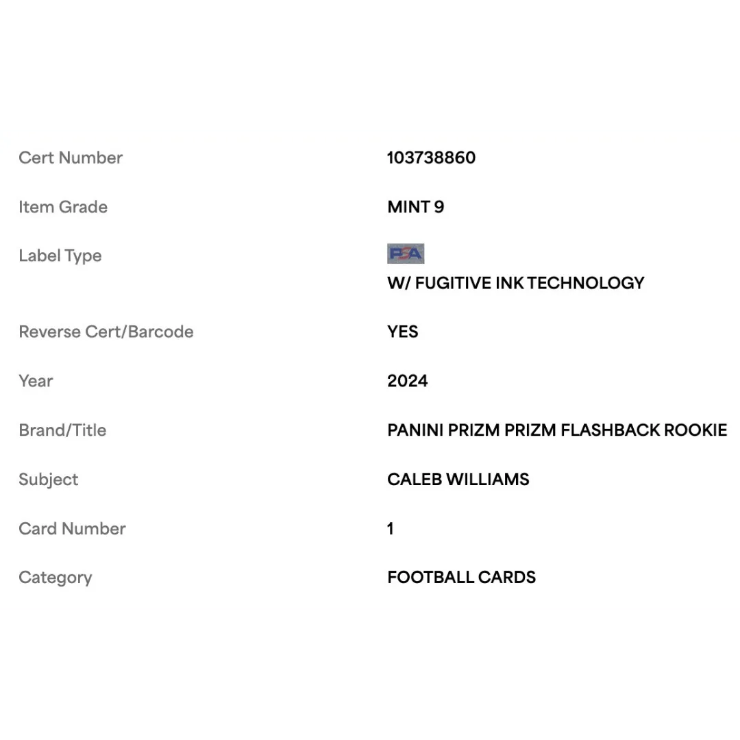 Caleb Williams PSA 9 2024 Panini Prizm Flashback Rookie RC Card #1