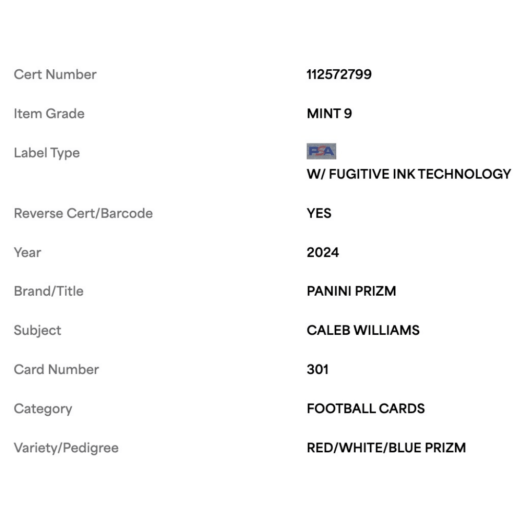 Caleb Williams PSA 9 2024 Panini Prizm Red White Blue Rookie RC Card #301