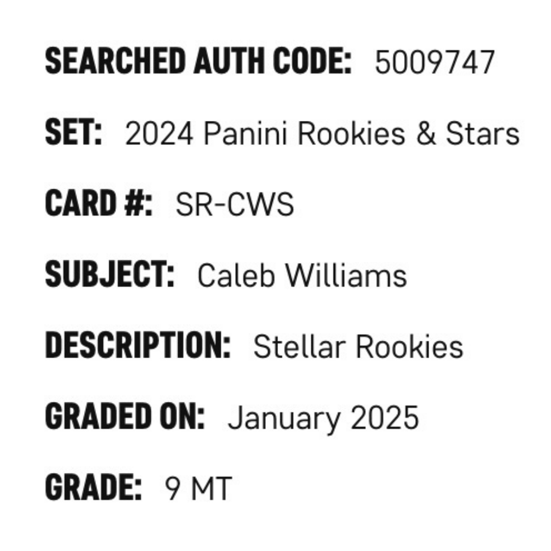 Caleb Williams SGC 9 2024 Panini Rookies & Stars Stellar Rookies Card #SR-CWS