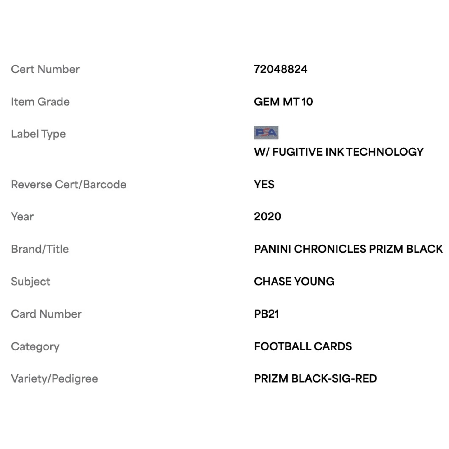 Chase Young PSA 10 2020 Panini Chronicles Prizm Black Signature Red Rookie RC #d/ 99 Card #PB21