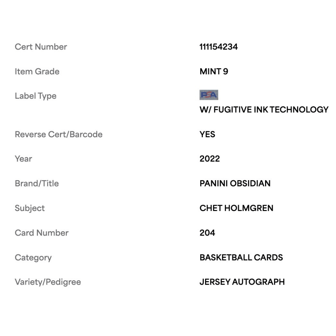 Chet Holmgrem PSA 9 2022 Panini Obsidian Jersey Autograph #d / 99 Card #204