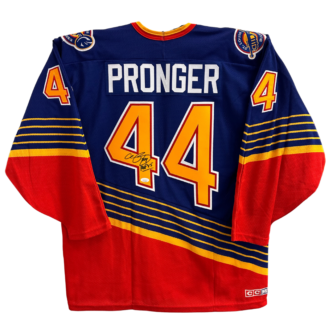 Chris Pronger St Louis Blues Autographed Blue CCM 90 s Jersey with Ins Fan Cave