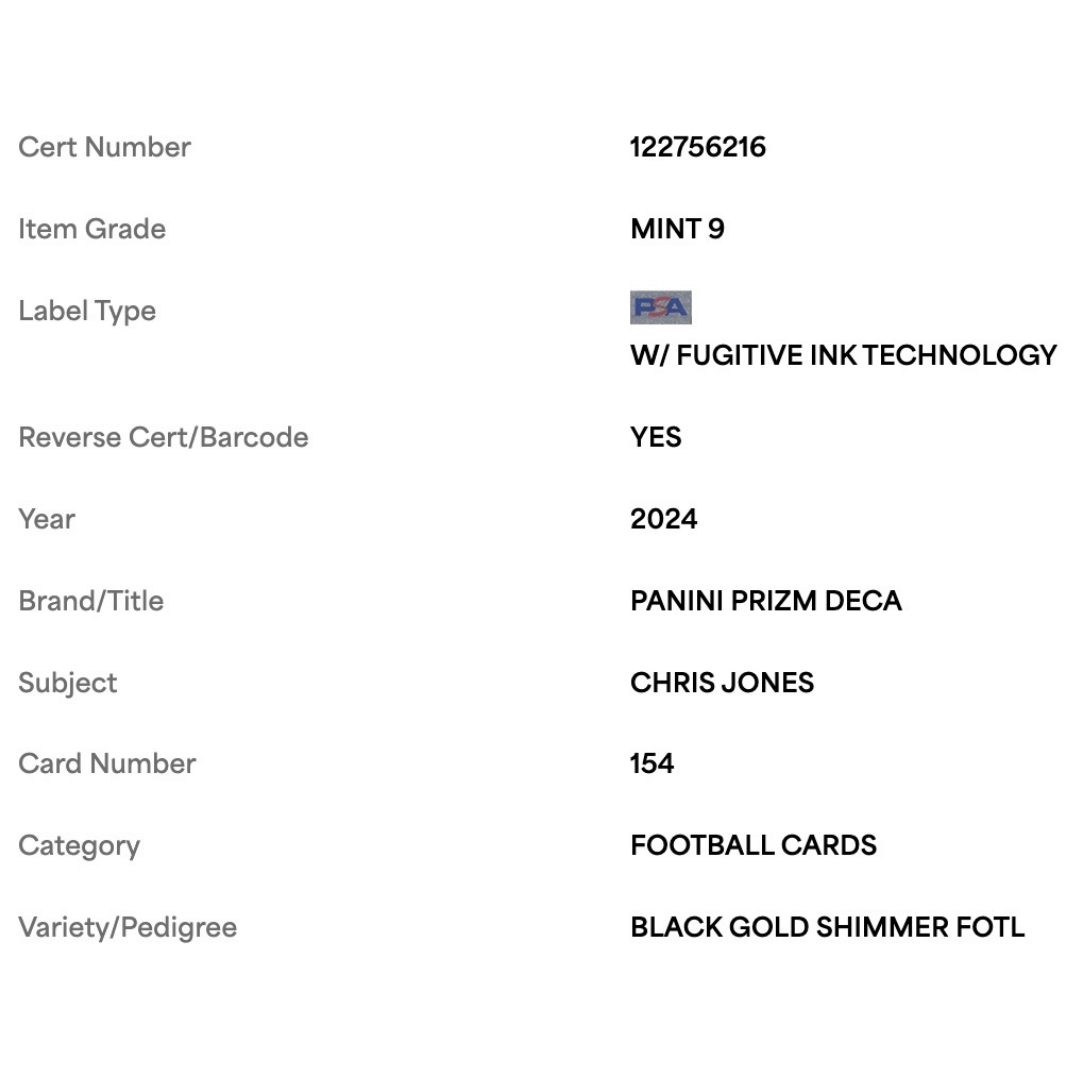 Chris Jones PSA 9 2024 Panini Prizm Deca Black Gold Shimmer FOTL #8/8 Card #154