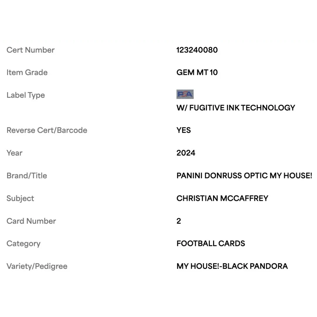 Christian McCaffrey PSA 10 2024 Panini Donruss Optic My House! Black Pandora #23/ 25 Card #2