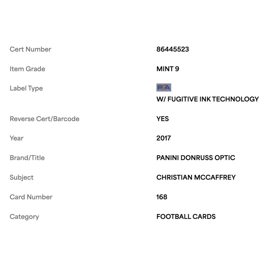 Christian McCaffrey PSA 9 2017 Panini Donruss Optic Rated Rookie Card #168