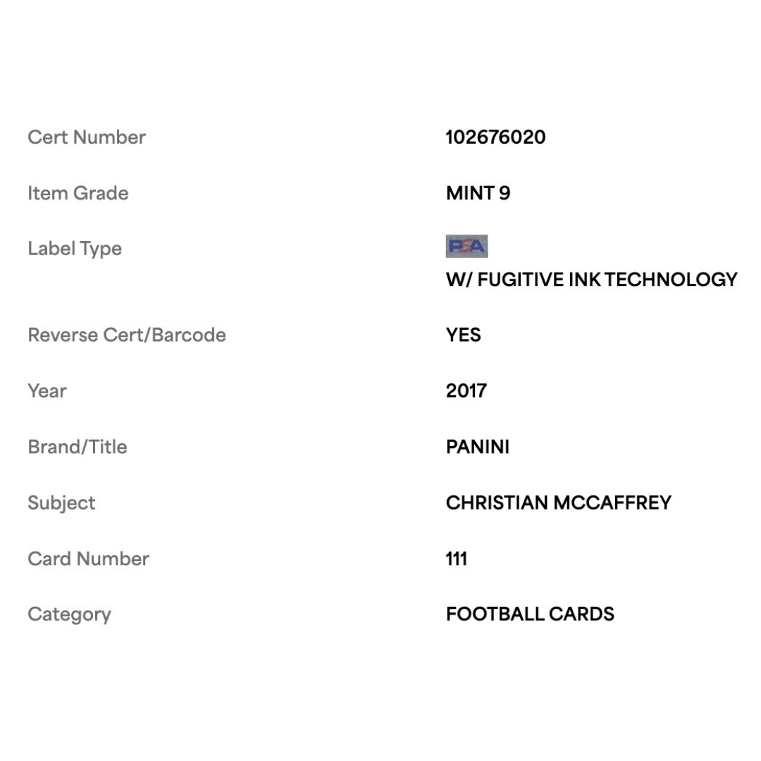 Christian McCaffrey PSA 9 2017 Panini Rookie RC Card #111