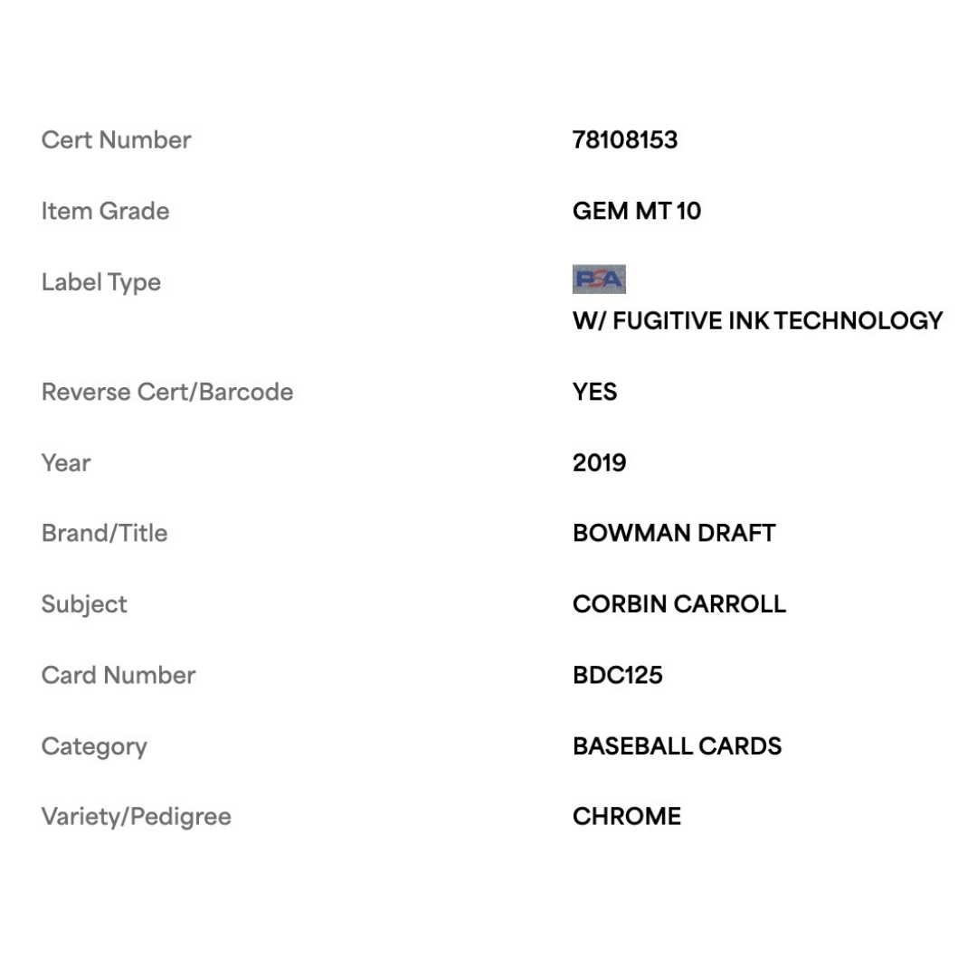 Corbin Carroll PSA 10 2019 Topps Bowman Draft Chrome Card #BDC125