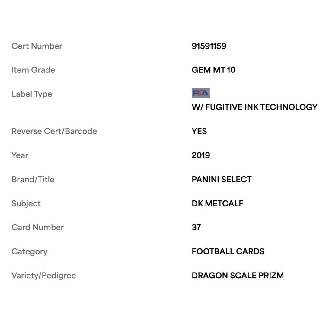 DK Metcalf PSA 10 2019 Panini Select Dragon Scale Prizm Rookie RC #d/ 88 Card #37