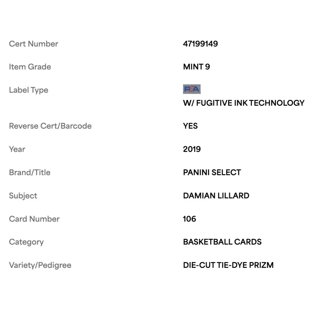 Damian Lillard PSA 9 2019 Panini Select Die-Cut Tie-Dye Prizm #1/ 25 Card #106