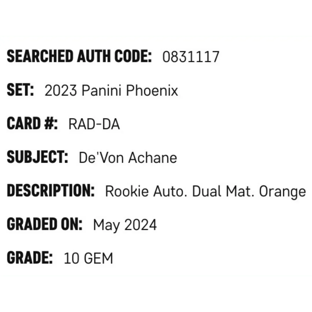 De'Von Achane SGC 10 2023 Panini Phoenix Rookie Autographed Dual Material Patch Orange #d/ 125 Card #RADDA