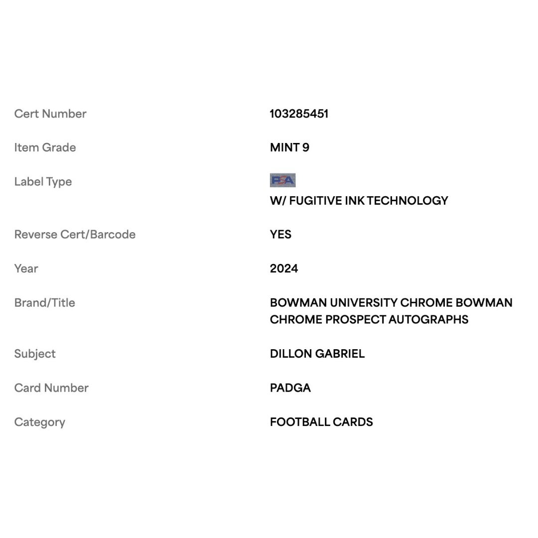 Dillon Gabriel PSA 9 2024 Topps Bowman University Chrome Prospect Autograph Card #PADGA