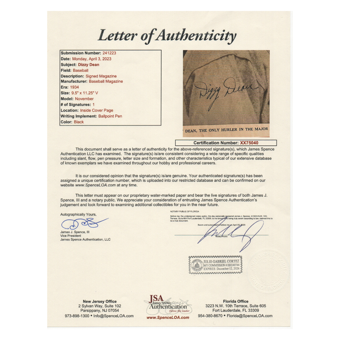 Dizzy Dean St Louis Cardinals Autographed Framed Magazine Page - JSA LOA