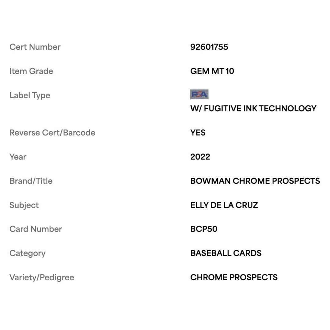 Elly De La Cruz PSA 10 2022 Topps Bowman Chrome Prospects Card #BCP50
