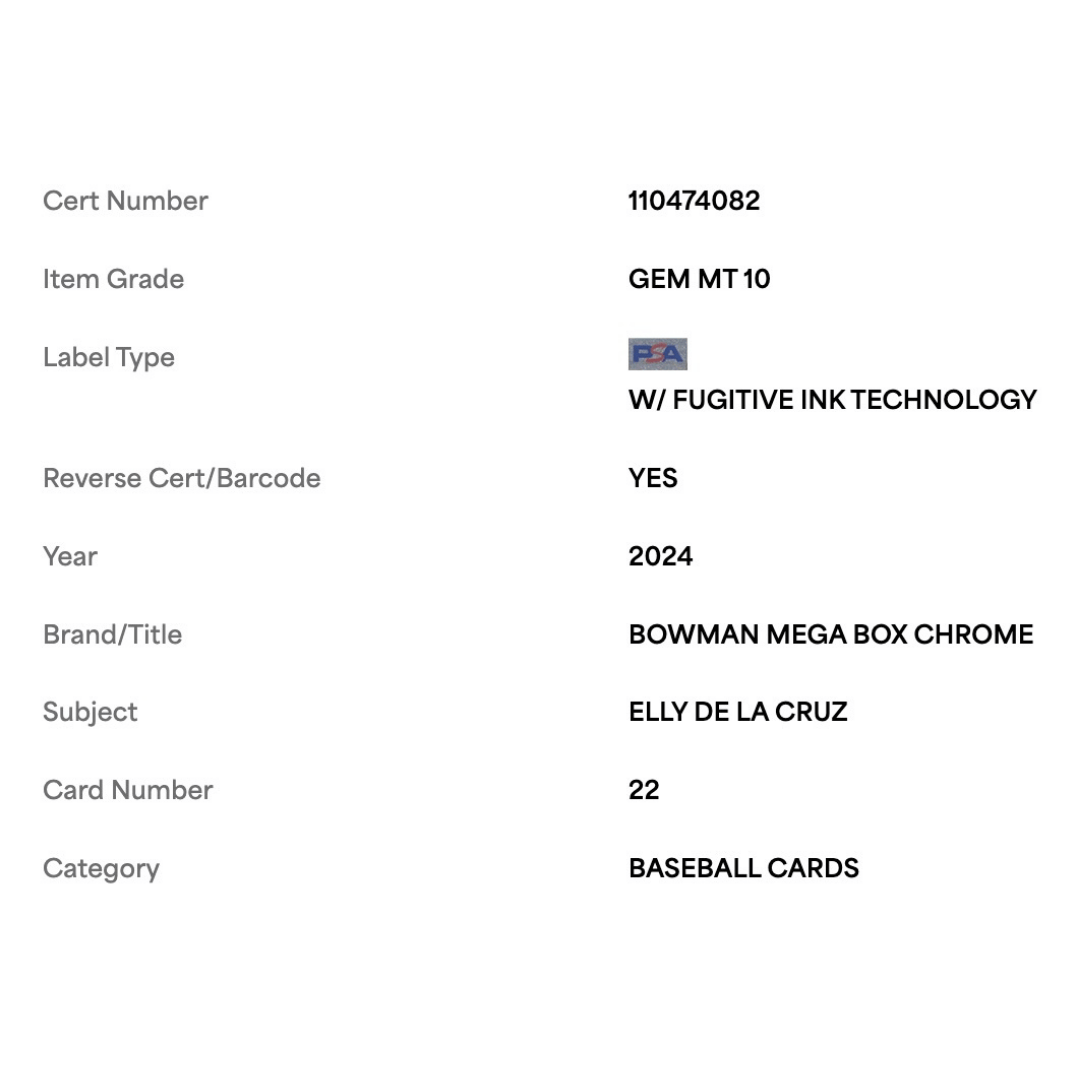 Elly De La Cruz PSA 10 2024 Bowman Mega Box Chrome Rookie RC Card #22