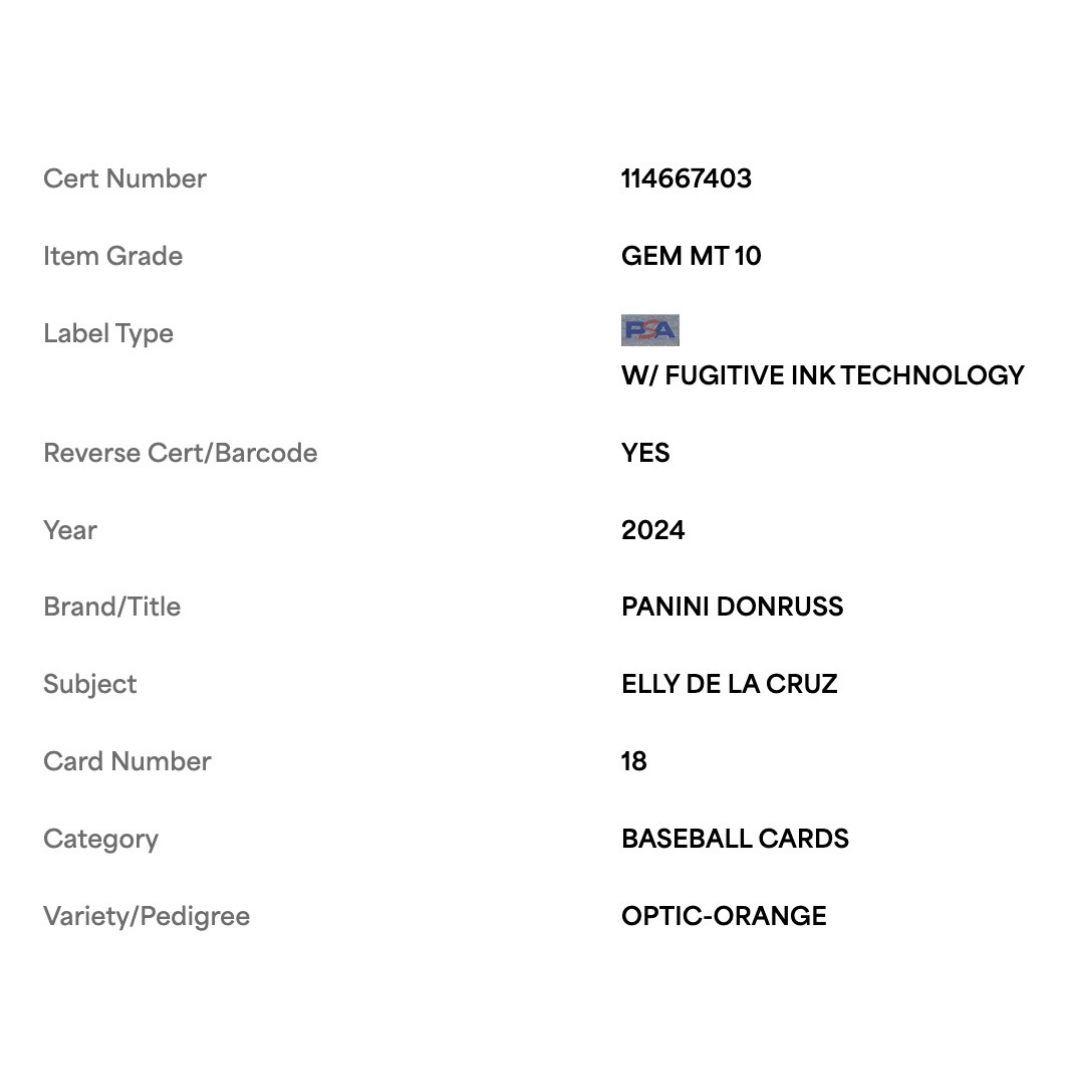 Elly De La Cruz PSA 10 2024 Panini Donruss Optic Orange #d/199 Card #18