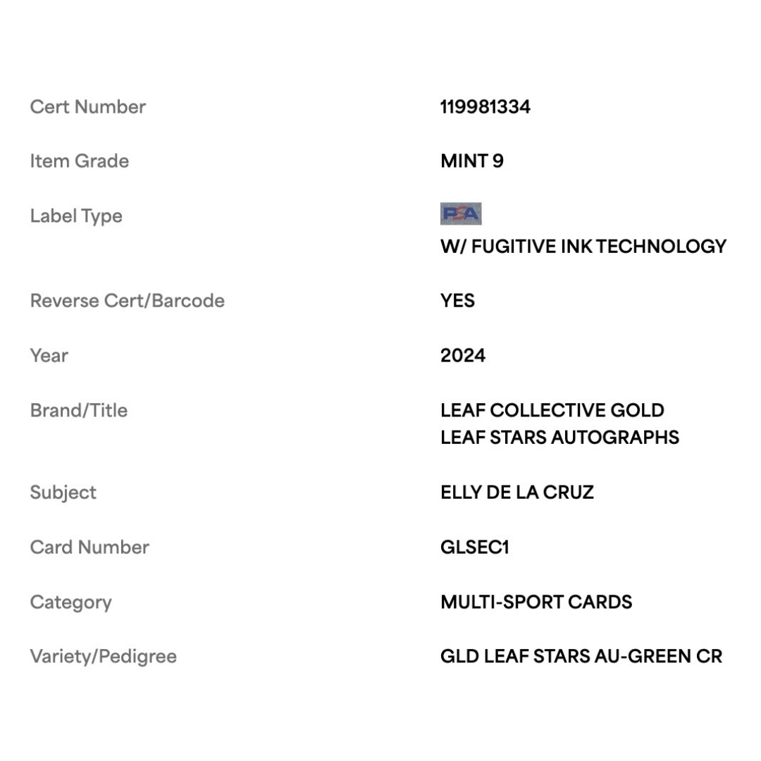 Elly De La Cruz PSA 9 2024 Leaf Collective Gold Leaf Stars Autograph Green #d/6 Card #GLSEC1