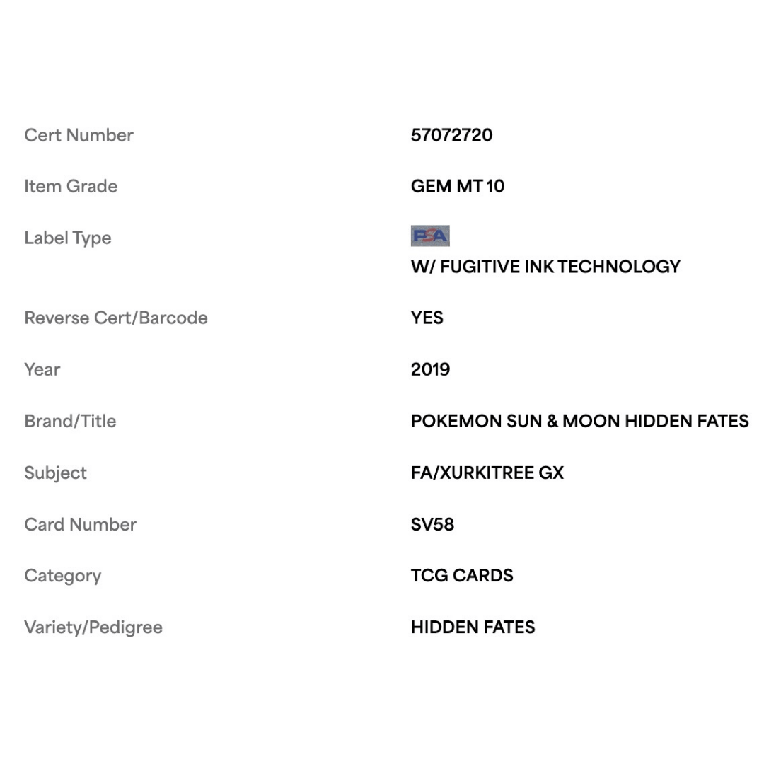 FA/Xurkitree GX PSA 10 2019 Pokemon Sun & Moon Hidden Fates Card #SV58