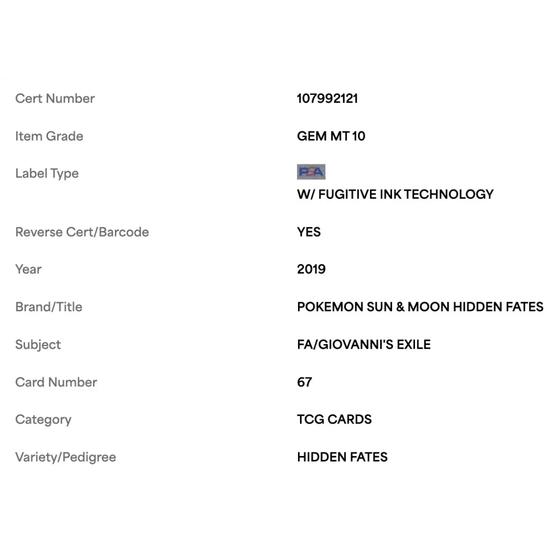 FA/ Giovanni's Exile PSA 10 2019 Pokemon Sun & Moon Hidden Fates Card #67