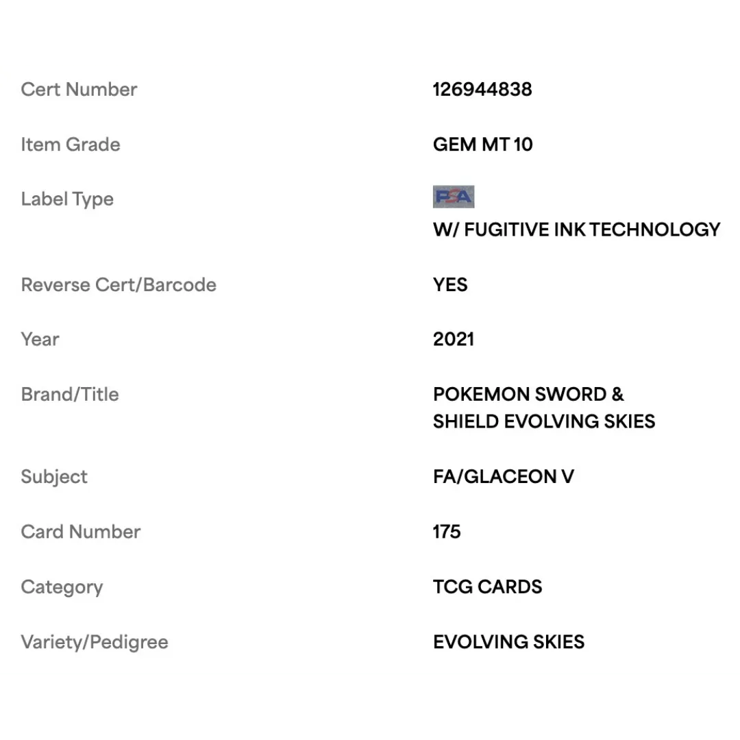 FA/ Glaceon V PSA 10 2021 Pokemon Sword & Shield Evolving Skies Card #175