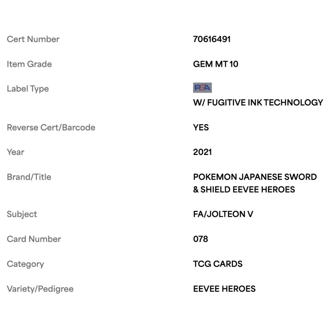 FA/ Jolteon V PSA 10 2021 Pokemon Japanese Sword & Shield Eevee Heroes Card #078