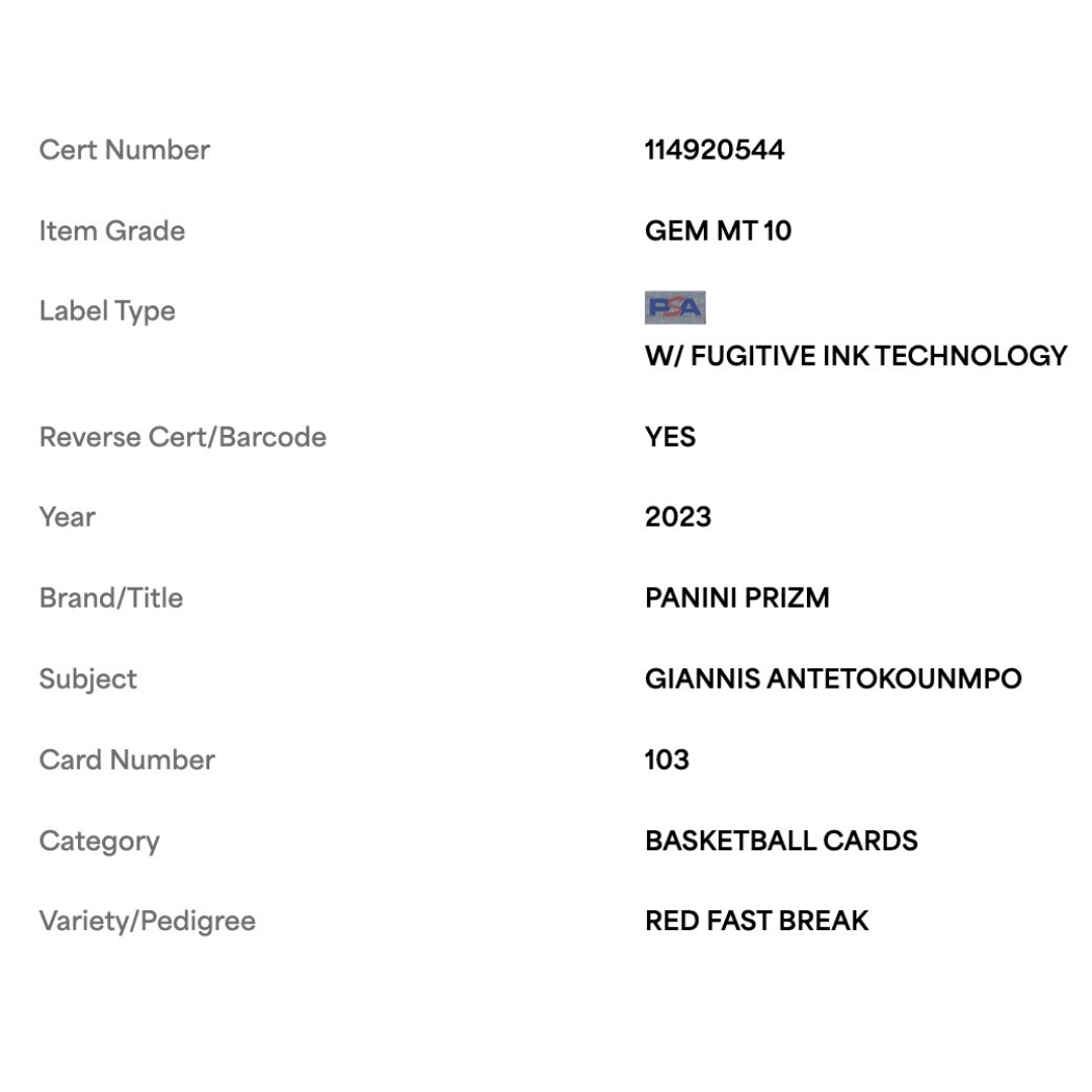 Giannis Antetokounmpo PSA 10 2023 Panini Prizm Red Fast Break #d/100 Card #103