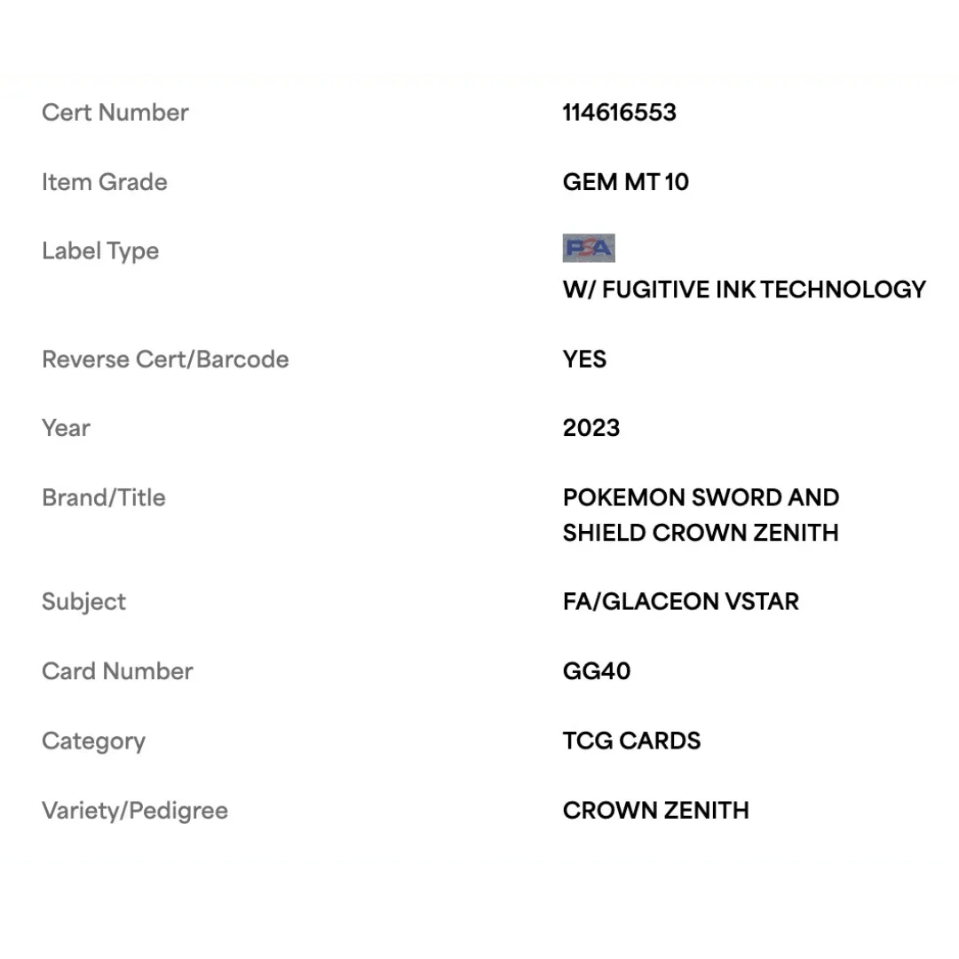 Glaceon VStar PSA 10 2023 Pokemon Swoosh Crown Zenith - Full Art Card #GG40