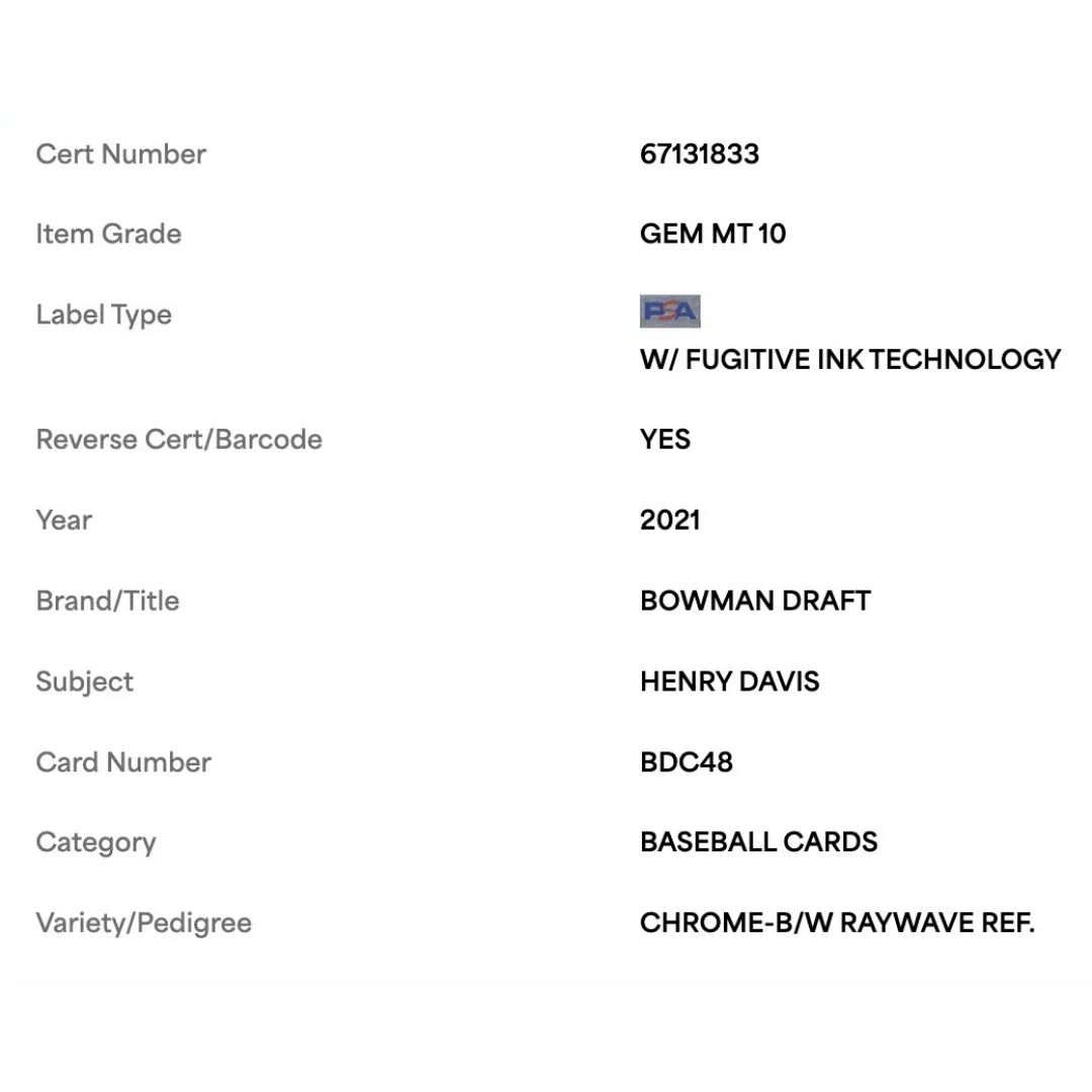 Henry Davis PSA 10 2021 Topps Bowman Draft Chrome Black/ White Raywave Refractor Card #BDC48