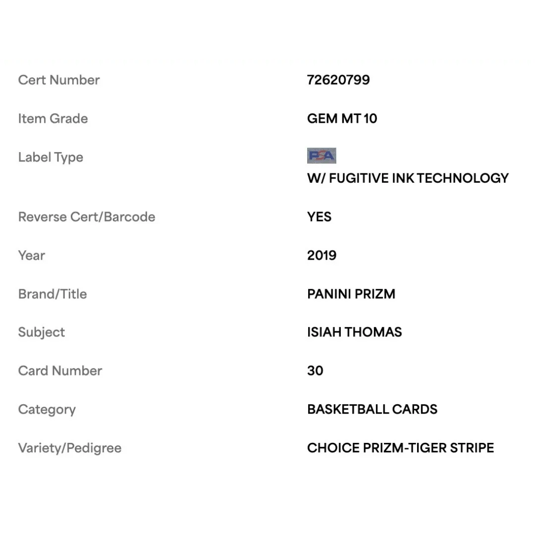 Isiah Thomas PSA 10 2019 Panini Prizm Choice Prizm - Tiger Stripe Card #30