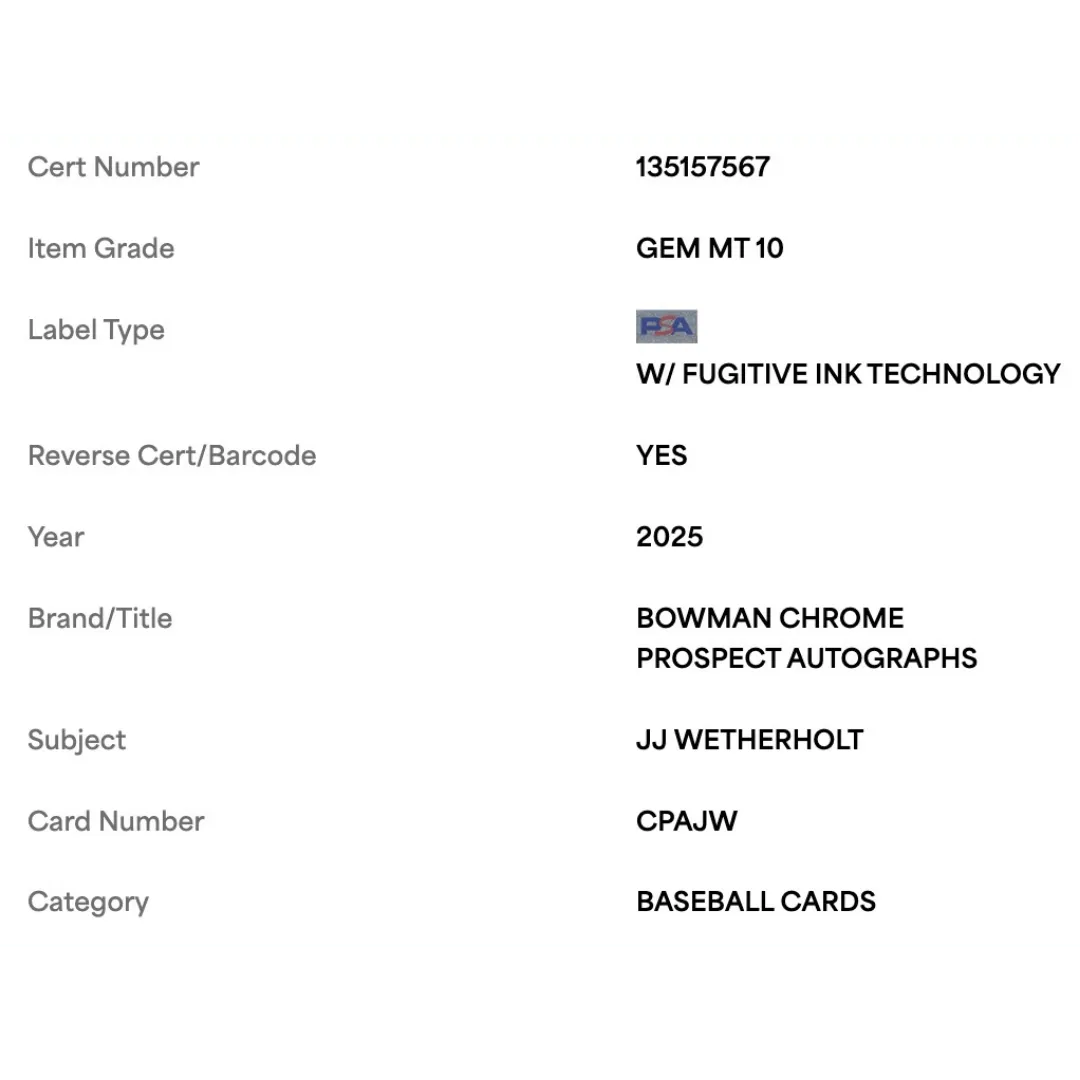 J.J. Wetherholt PSA 10 2025 Topps Bowman Chrome Prospect Autographed Card #CPAJW