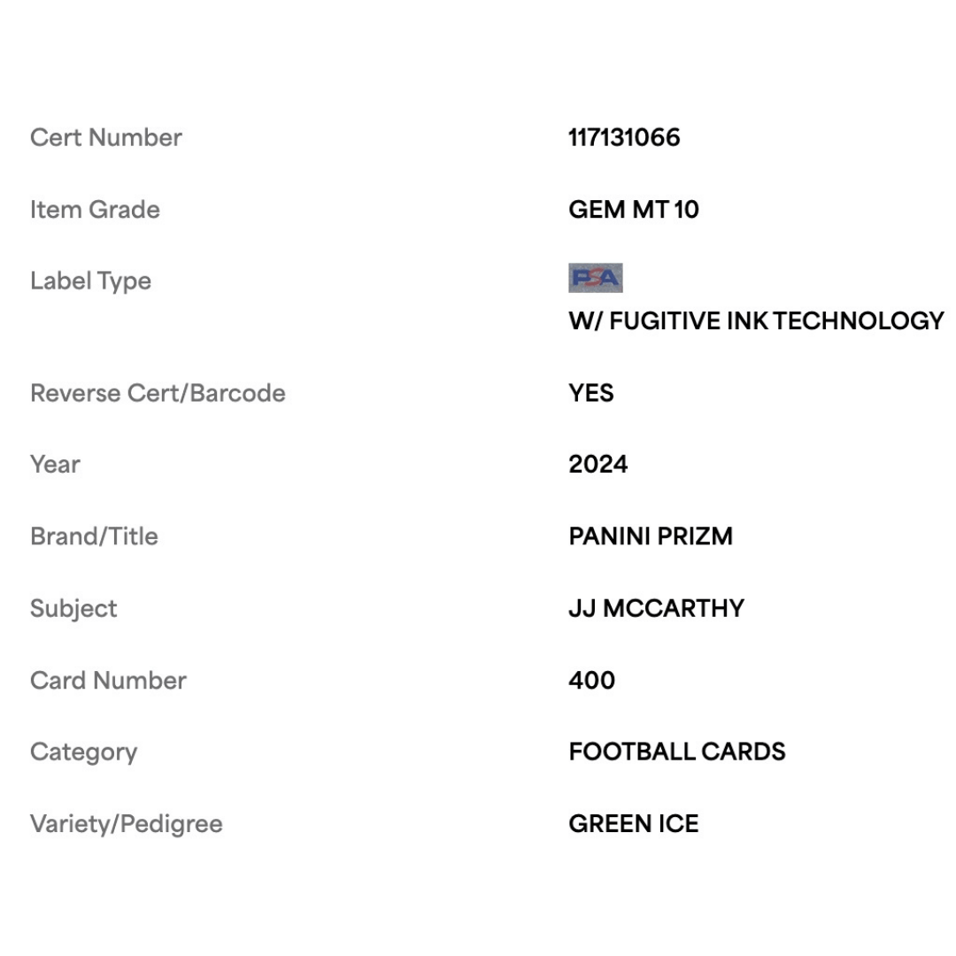 J.J. McCarthy PSA 10 2024 Panini Prizm Green Ice Rookie RC Card #400