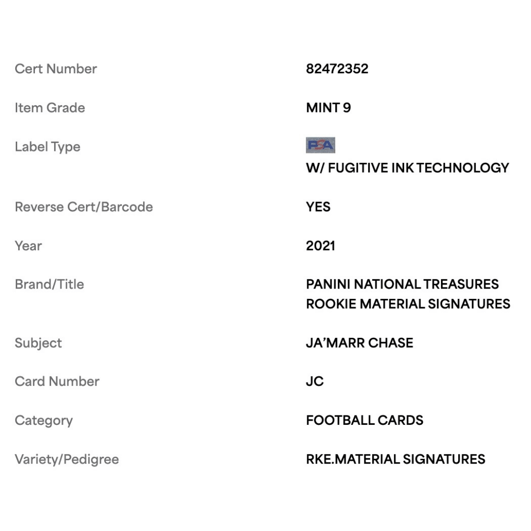 Ja'Marr Chase PSA 9 2021 Panini National Treasures Rookie Materials Signatures Rookie RC #d/99 Card #JC