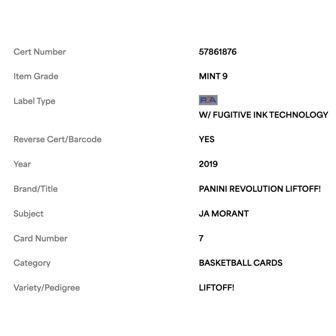 Ja Morant PSA 9 2019 Panini Revolution Liftoff! Card #7