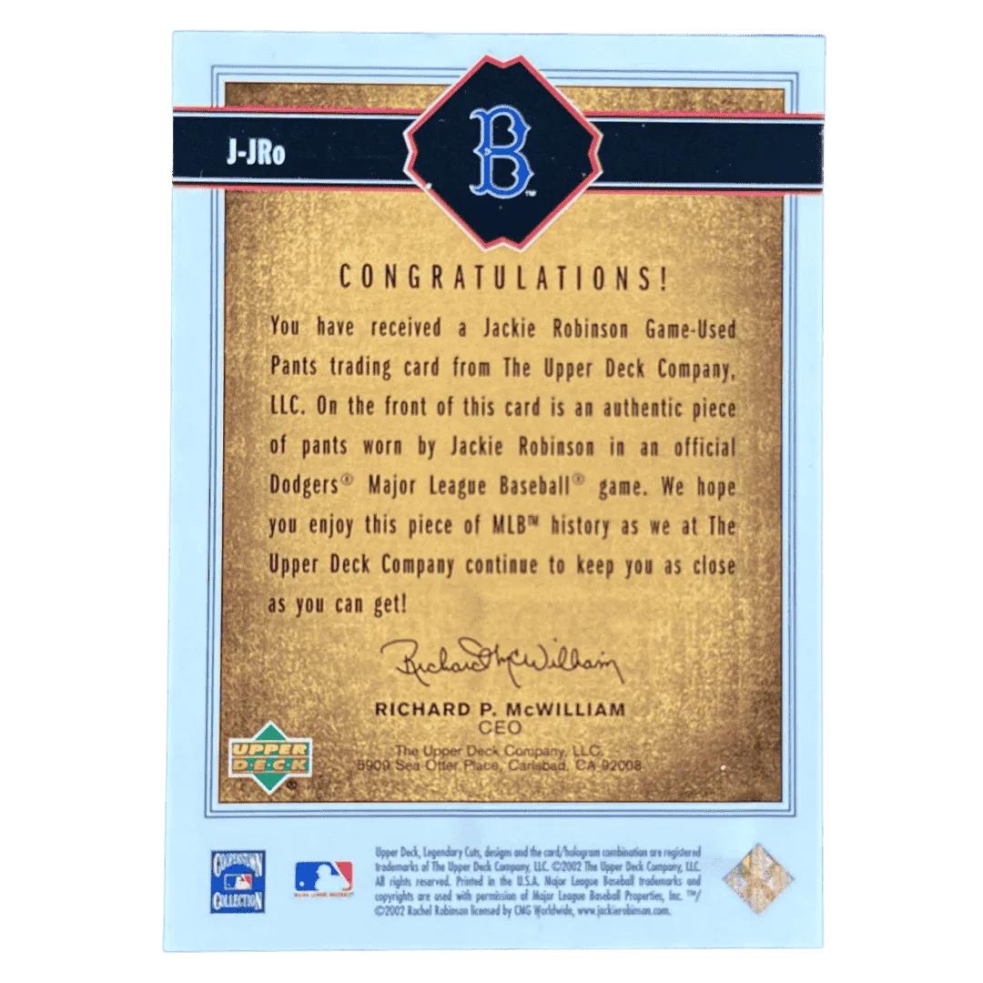Jackie Robinson 2002 Upper Deck SP Legendary Cuts Game Used Patch Card #J-JRo