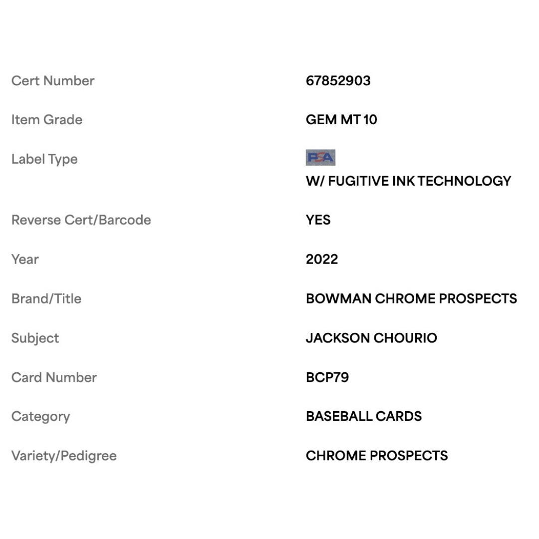 Jackson Chourio PSA 10 2022 Topps Bowman Chrome Prospects Card #BCP79