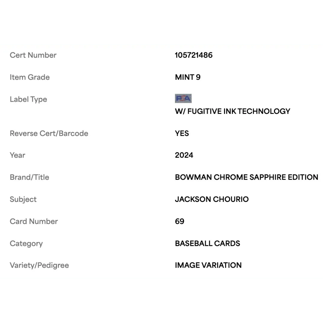 Jackson Chourio PSA 9 2024 Topps Bowman Chrome Sapphire Edition Image Variation Rookie RC Card #69