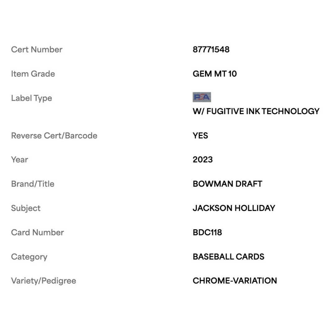Jackson Holliday PSA 10 2023 Topps Bowman Draft Chrome SP Card #BDC118