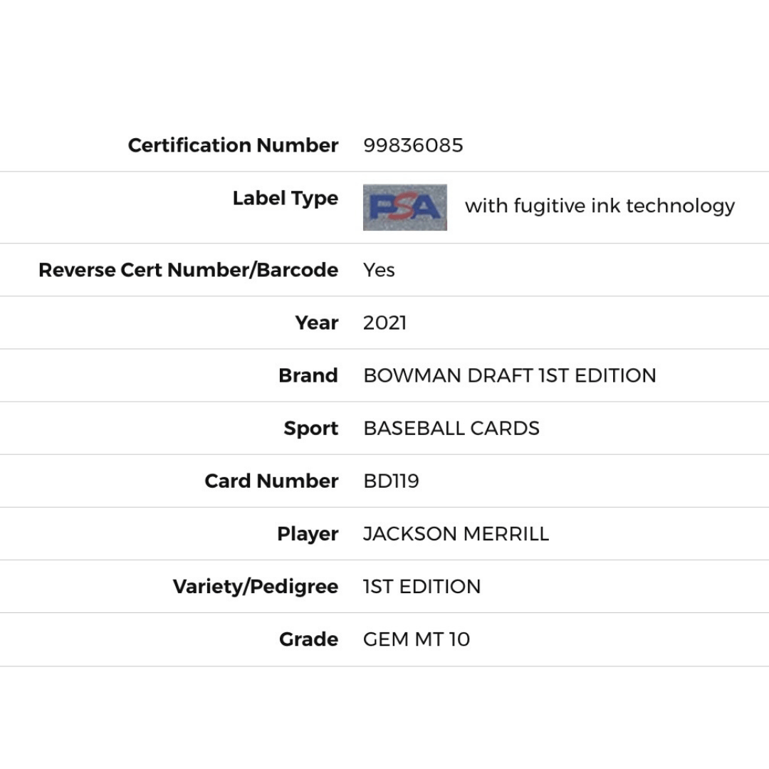 Jackson Merrill PSA 10 2021 Bowman Draft 1st Edition Card #BD119 (JM2)