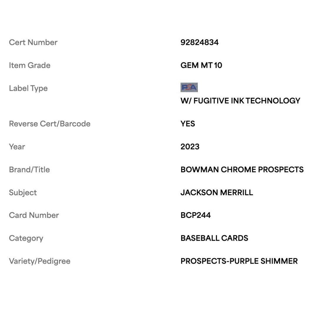 Jackson Merrill PSA 10 2023 Topps Bowman Chrome Prospects Purple Shimmer Card #BCP244