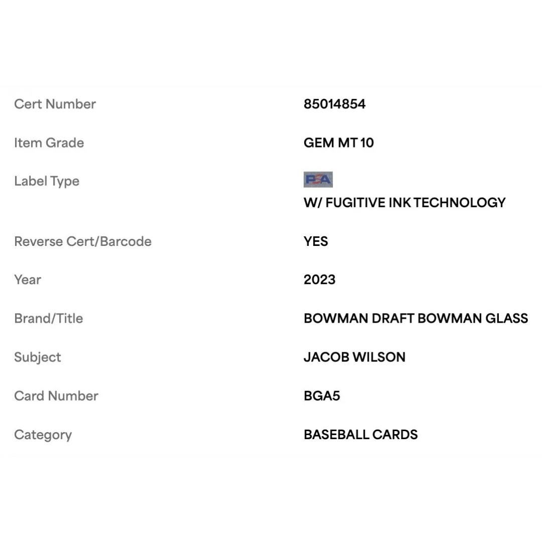 Jacob Wilson PSA 10 2023 Topps Bowman Draft Glass Card #BGA5