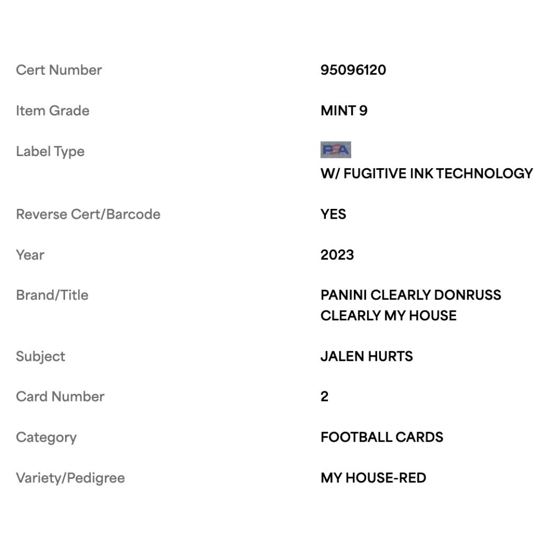 Jalen Hurts PSA 9 2023 Panini Clearly Donruss My House Red #d /100 Card #2