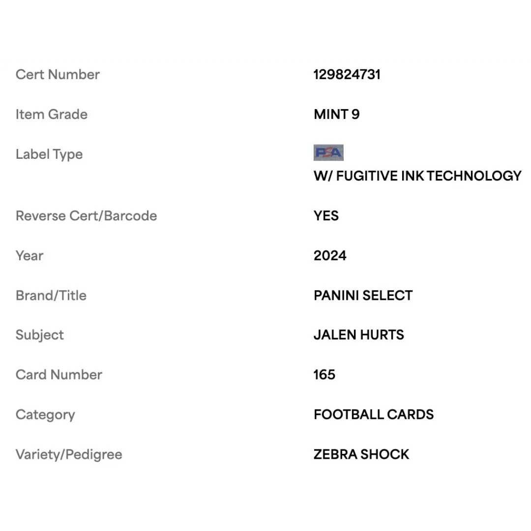 Jalen Hurts PSA 9 2024 Panini Select Zebra Shock Case Hit Card #165